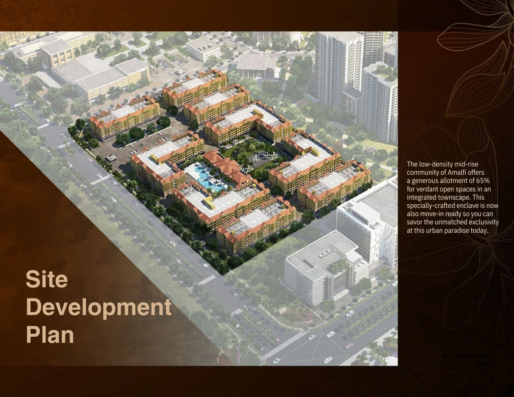Amalfi at City di Mare site development plan showing mid-rise buildings, open spaces and central pool