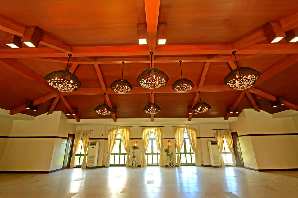 Amalfi function hall interior with high wood ceiling
