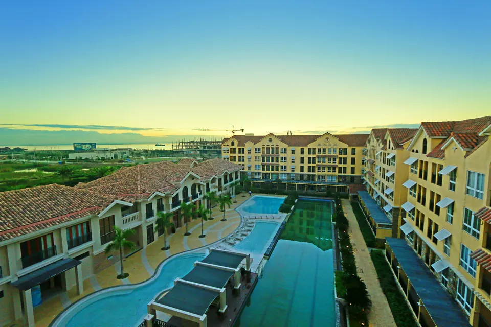 Elevated view over the Amalfi courtyard and resort pool