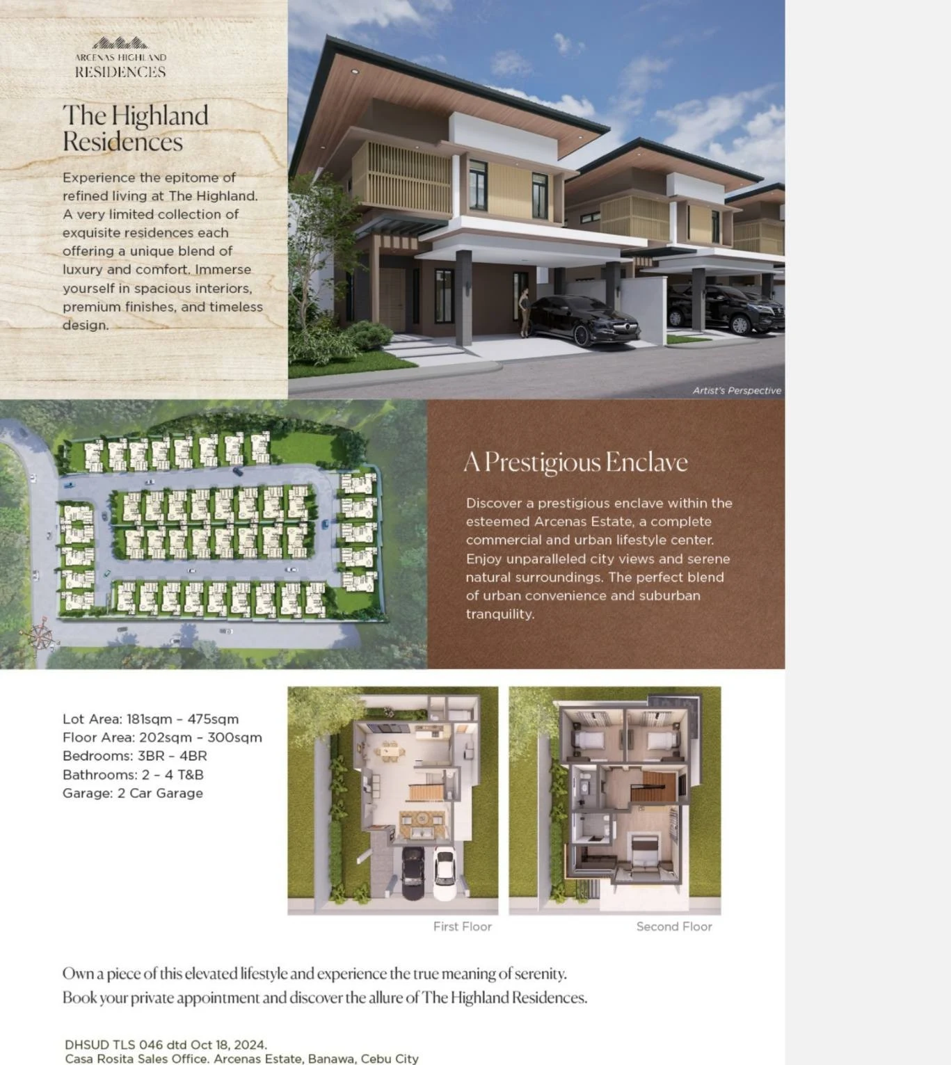 Arcenas Highland Residences project brochure with house perspective, site layout, floor plans and specifications