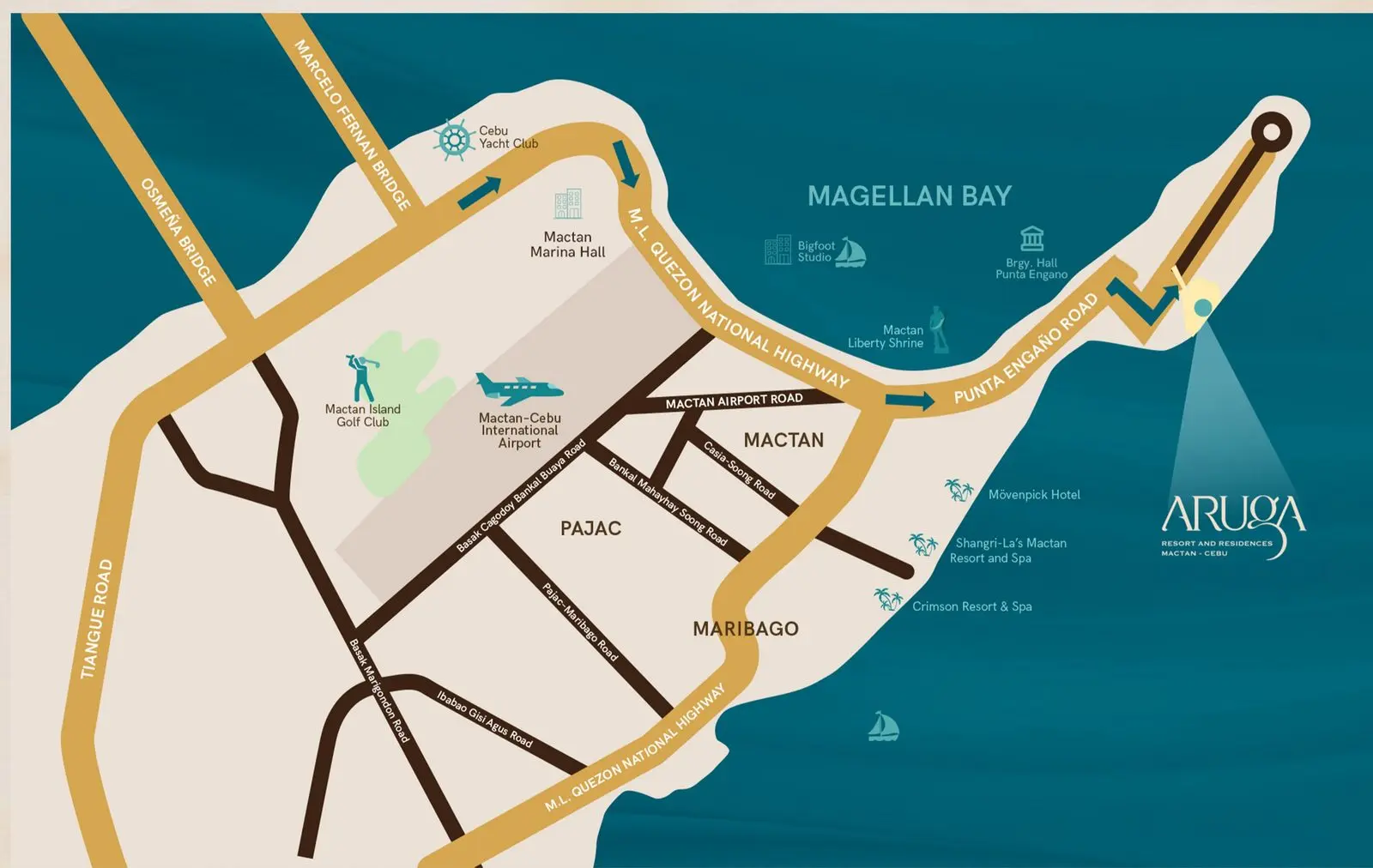 Aruga Resort and Residences Mactan vicinity map showing Punta Engano Road and Mactan-Cebu International Airport