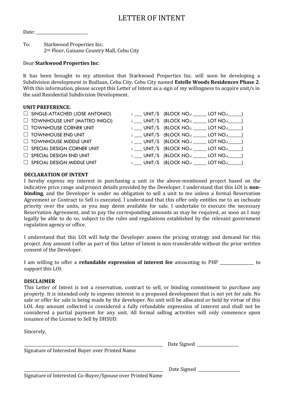 Letter of Intent / EOI Form