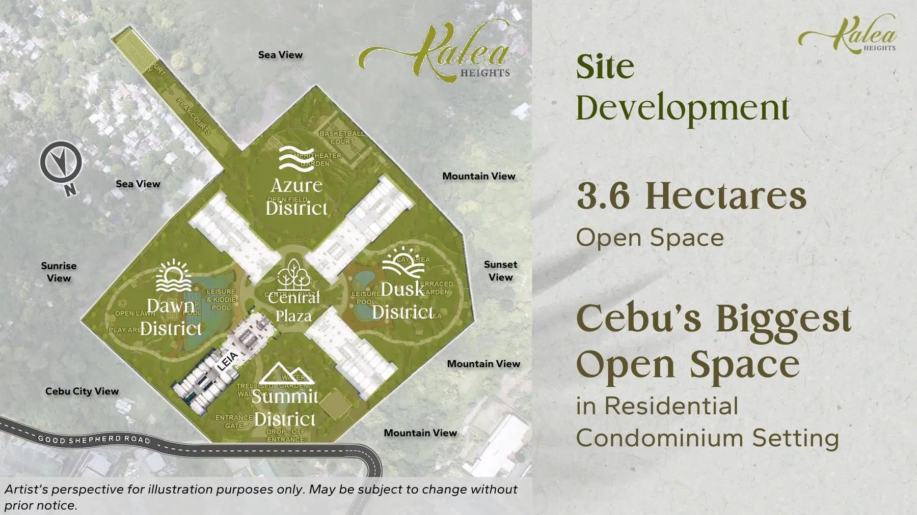 Kalea Heights site development plan showing the Azure, Dawn, Dusk and Summit districts around the Central Plaza