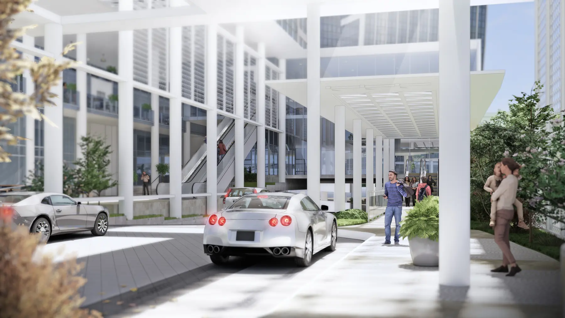 Landscaped outdoor retail area at IPI Center