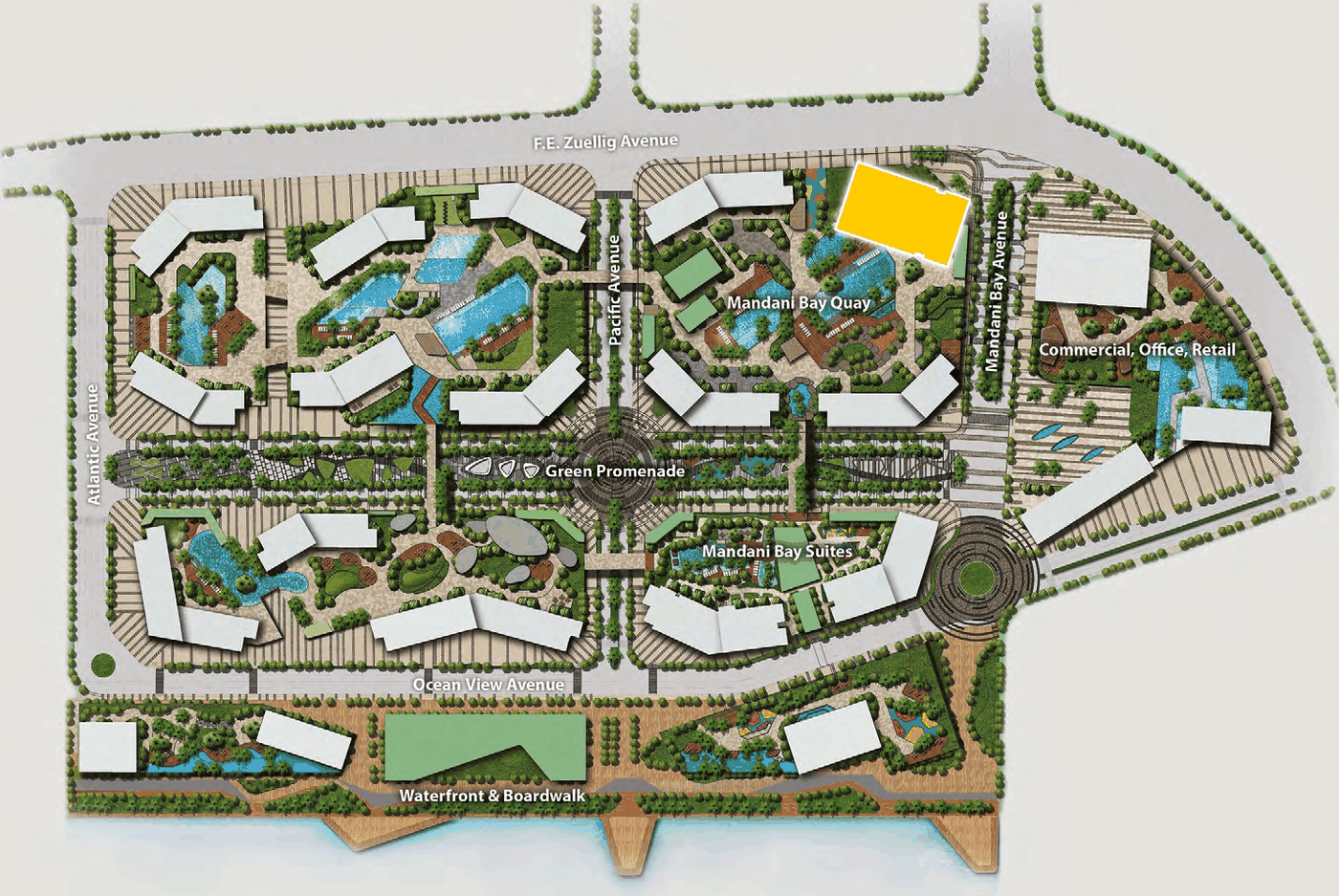 Mandani Bay master plan showing the Green Promenade, Mandani Bay Suites, Mandani Bay Quay, commercial and office blocks, marina and boardwalk