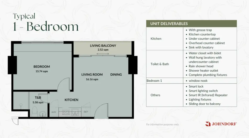 Palmava 1 bedroom floor plan, 42.5 sqm