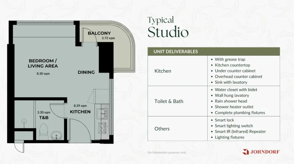 Palmava studio unit floor plan, 22.71 sqm