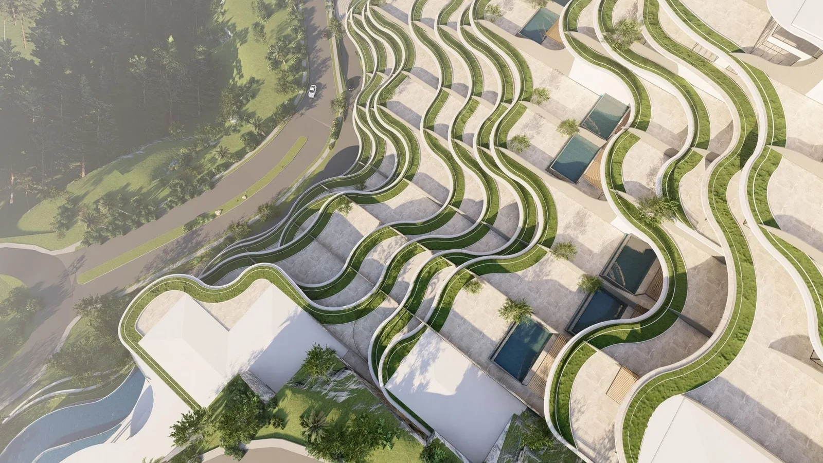 Aerial view of The Rise at Monterrazas showing terraced villa tiers and pools, Guadalupe Cebu City