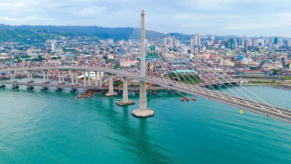 Aerial view of Cebu across the Cebu-Cordova Link Expressway and the city skyline